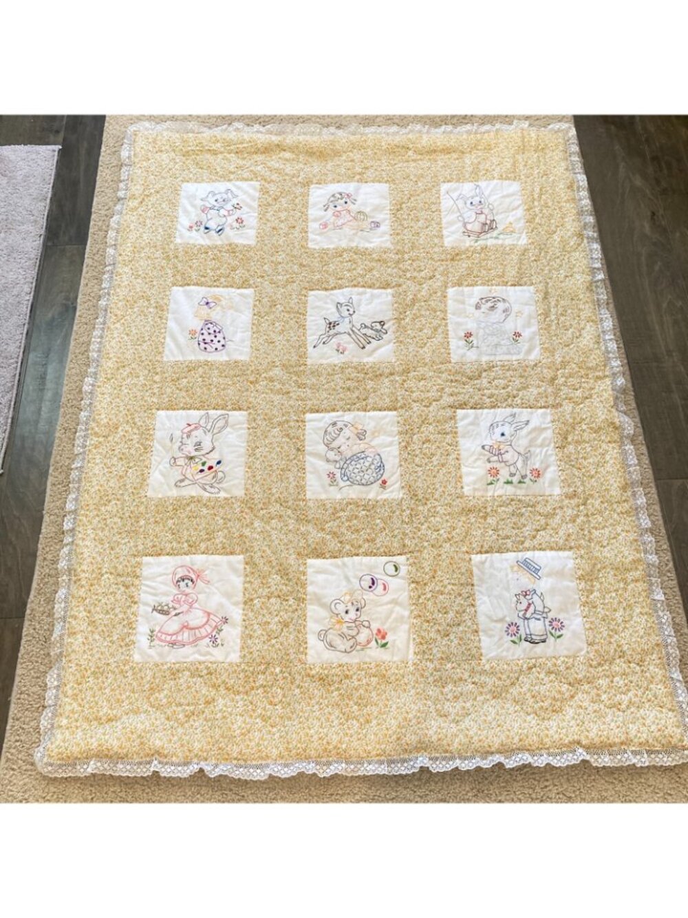 Vintage Baby Blanket Quilt Cute Animals Kids Pictures 60 x 45 in Handmade Floral